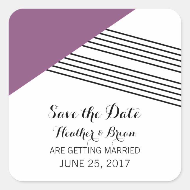 Purple Geometric Stripe Save the Date Stickers (Front)