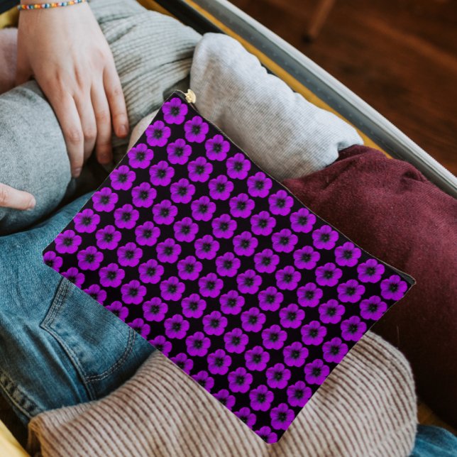 Purple Geranium Floral Pattern on Black Accessory Pouch (In Situ)