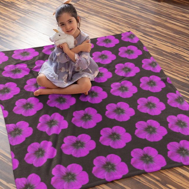 Purple Geranium Floral Pattern on Black Fleece Blanket (In Situ Front)