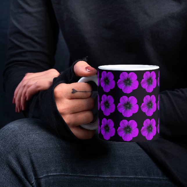 Purple Geranium Floral Pattern on Black Mug (In Situ Held)