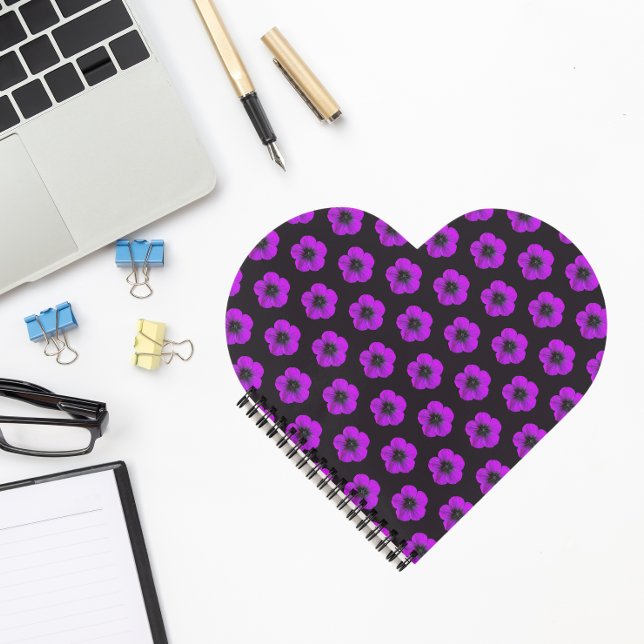 Purple Geranium Floral Pattern on Black Notebook (In Situ)
