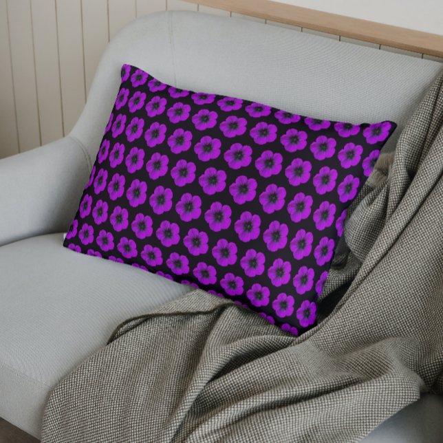 Purple Geranium Floral Pattern on Black Pillowcase (In Situ)