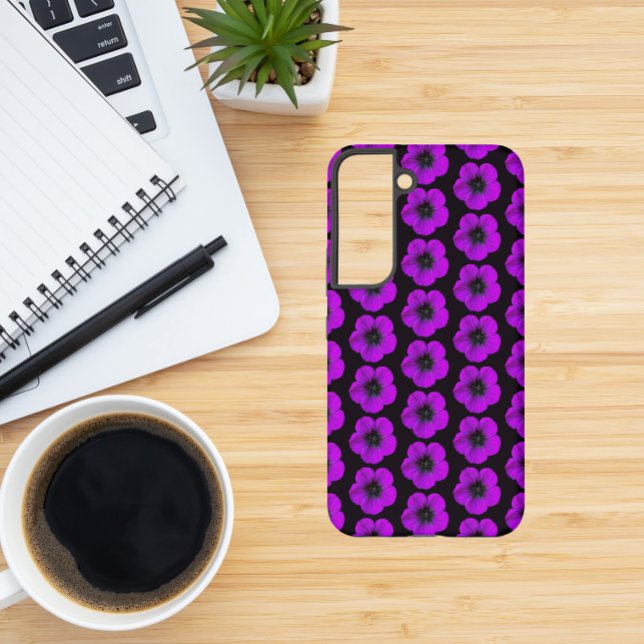 Purple Geranium Floral Pattern on Black Samsung Galaxy S22 Case (In Situ)