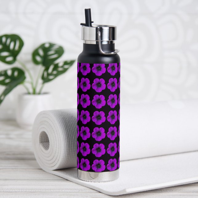 Purple Geranium Floral Pattern on Black Water Bottle (Yoga)