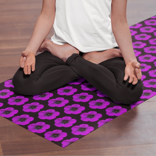 Purple Geranium Floral Pattern on Black Yoga Mat (In Situ (Person on Mat))