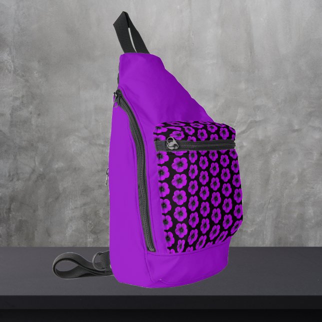 Purple Geranium Floral Pattern on Purple Sling Bag (In Situ)