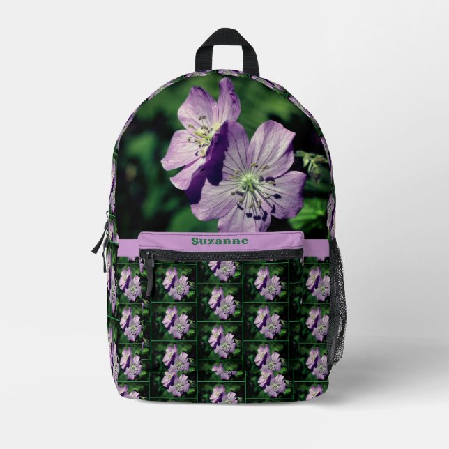 Purple Geranium Flower Personalised  Printed Backpack (Front)