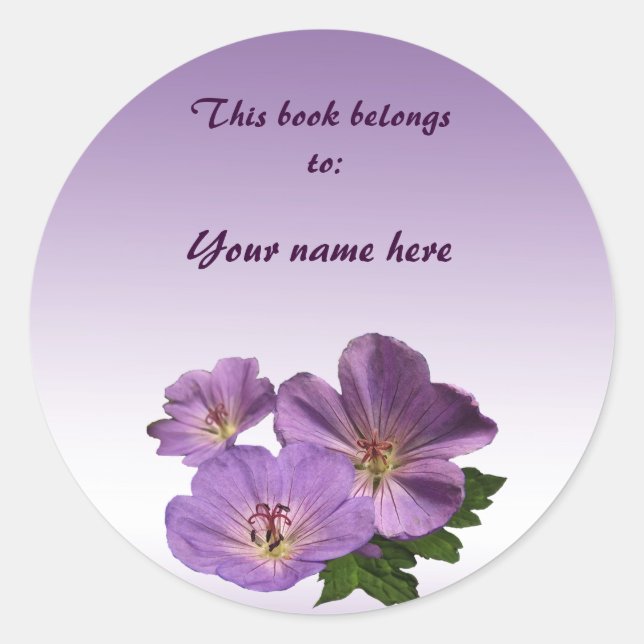 Purple Geranium Flowers Bookplate Sticker (Front)