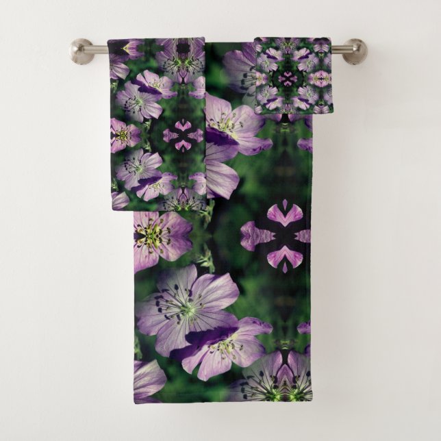 Purple Geranium Flowers Multiplied Abstract Bath Towel Set (Insitu)