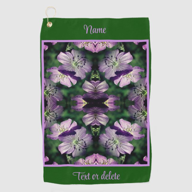 Purple Geranium Flowers Multiplied Personalised Golf Towel (Front)