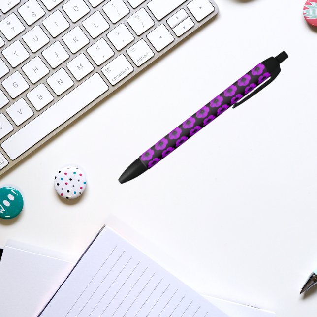 Purple Geranium on Black Floral Pattern Black Ink Pen (In Situ)