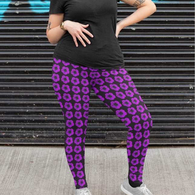 Purple Geranium on Black Floral Pattern Leggings (In Situ)