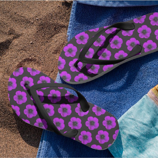 Purple Geranium on Black Floral Pattern Thongs (In Situ)