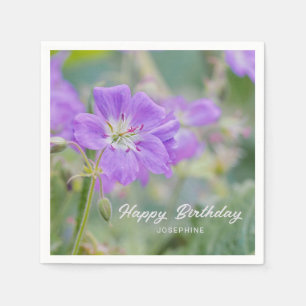 Purple Geranium Wildflower Photo Happy Birthday Napkin