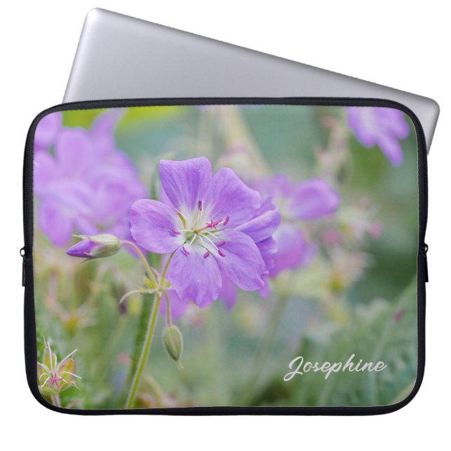 Purple Geranium Wildflower Photo With Custom Name Laptop Sleeve (Front)