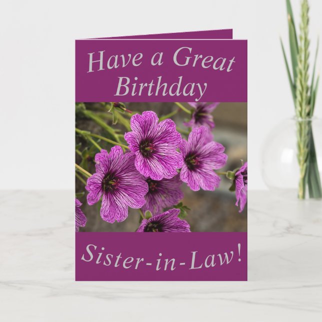 Purple Geraniums Birthday Card for Sister-in-Law (Front)