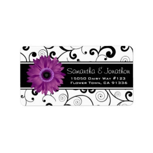 Purple Gerbera Daisy Black & White Scroll Label