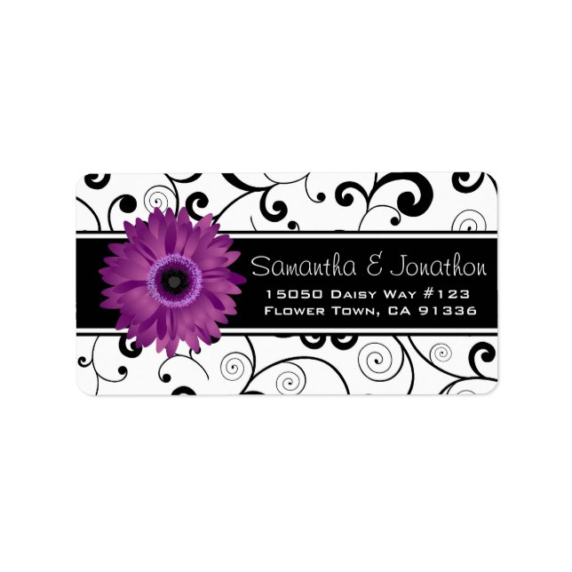 Purple Gerbera Daisy Black & White Scroll Label (Front)