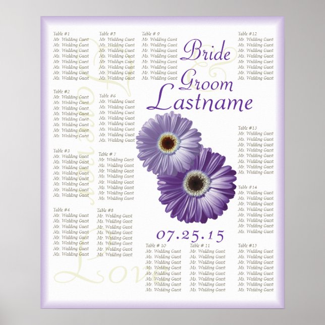 Purple Gerbera Daisy Wedding Guest Seating Chart (Front)