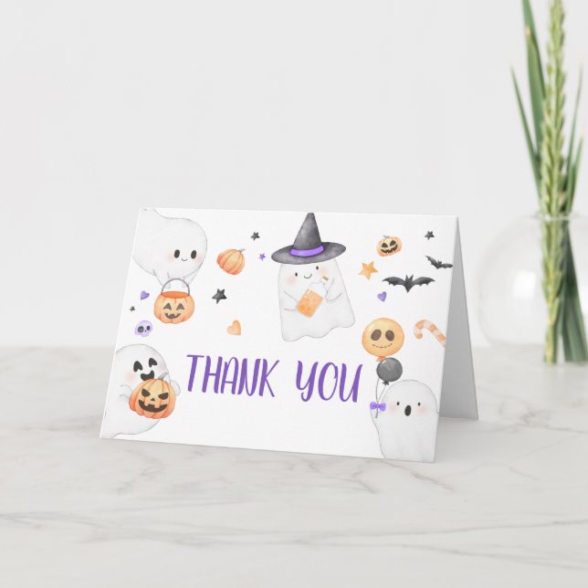 Purple Ghost Halloween Little Boo Baby Shower Thank You Card (Front)