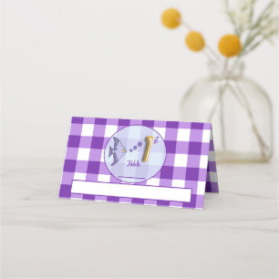 Purple Gingham 1st Birthday Gold Foil Balloon Fish Place Card
