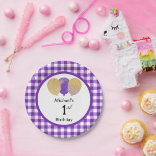 Purple Gingham & Balloons 1st Birthday Paper Plate