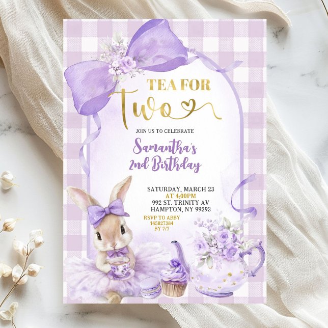 Purple Gingham Bow Bunny Tea Party Second Birthday Invitation (Creator Uploaded)