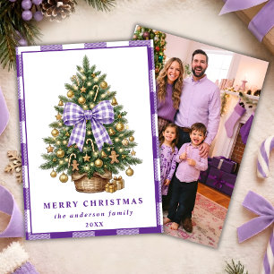 Purple Gingham Bow Christmas Tree Family Photo Holiday Card