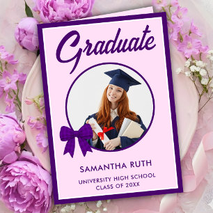 Purple Gingham Bow Photo Graduation Card