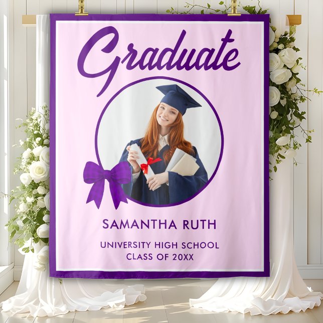 Purple Gingham Bow Photo Graduation Party Backdrop Tapestry (Creator Uploaded)