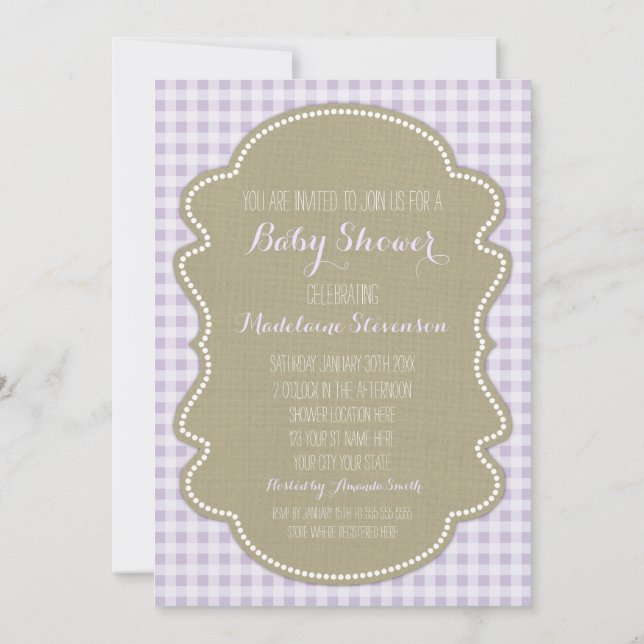 Purple Gingham Burlap Baby Shower Invitations (Back)