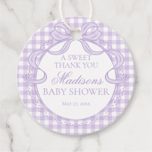 Purple Gingham Coquette Bow Baby Shower Circle Favour Tags
