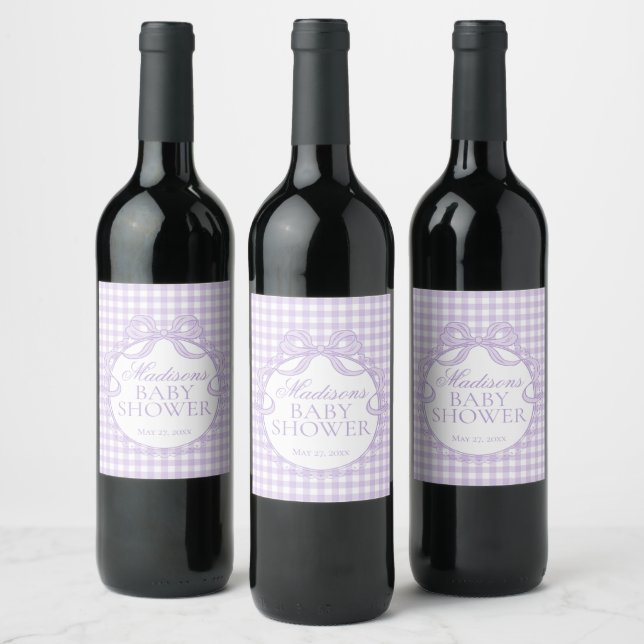 Purple Gingham Coquette Bow Baby Shower Wine Label (Bottles)