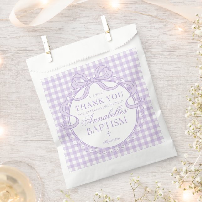 Purple Gingham Coquette Bow Baptism Dessert Favour Bag (Clipped)
