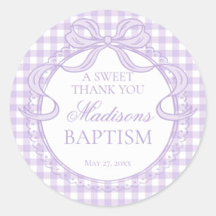 Purple Gingham Coquette Bow Baptism Favour Classic Round Sticker