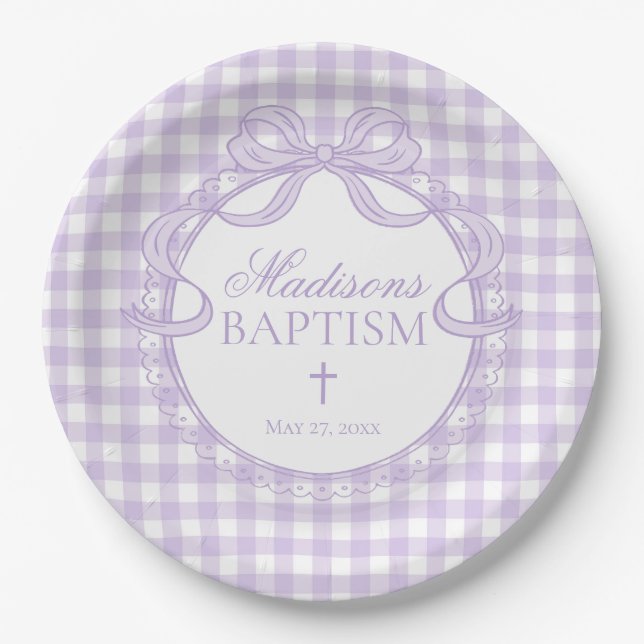 Purple Gingham Coquette Bow Baptism Paper Plate (Front)