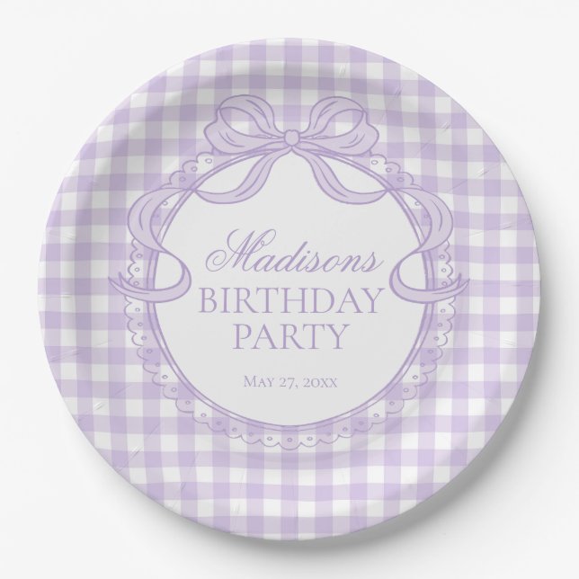 Purple Gingham Coquette Bow Birthday Party Paper Plate (Front)