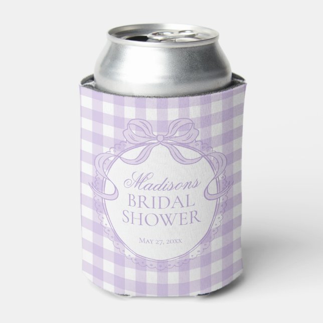 Purple Gingham Coquette Bow Bridal Shower Favour Can Cooler (Can Front)
