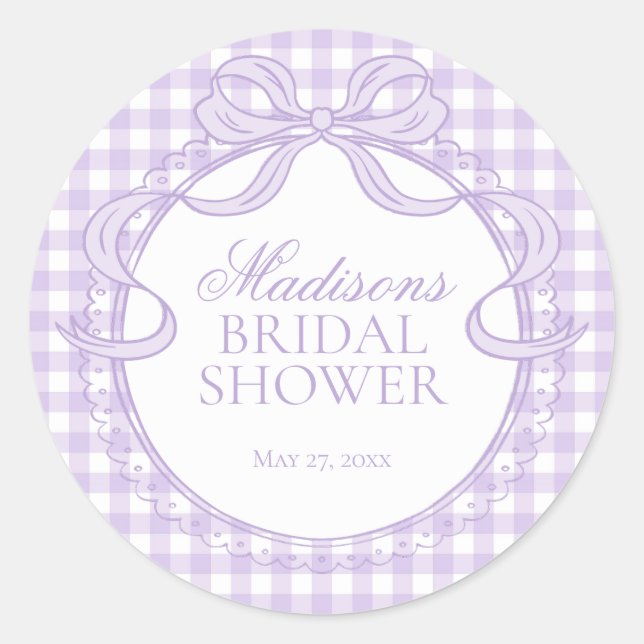 Purple Gingham Coquette Bow Bridal Shower Seal (Front)