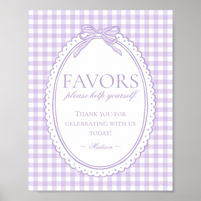 Purple Gingham Coquette Bow Favours Sign (Front)