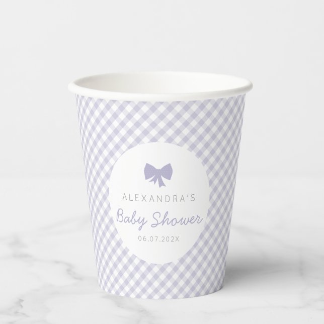 Purple gingham cute girl bow baby shower paper cups (Front)