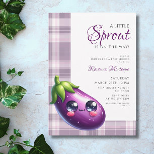 Purple Gingham Eggplant Little Sprout Baby Shower Invitation