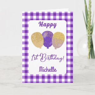 Purple Gingham & Glitter Balloons 1st Birthday Card