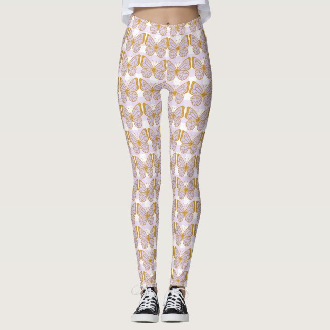 Purple Gingham Gold Butterfly Designer Leggings (Front)