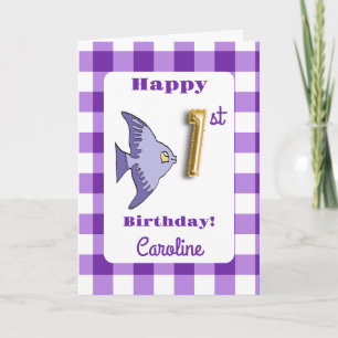 Purple Gingham Gold Foil Balloon Fish 1st Birthday Card