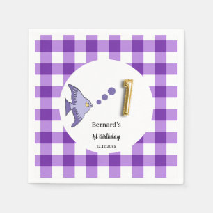 Purple Gingham Gold Foil Balloon Fish 1st Birthday Napkin