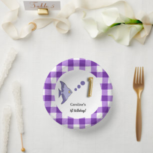 Purple Gingham Gold Foil Balloon Fish 1st Birthday Paper Plate