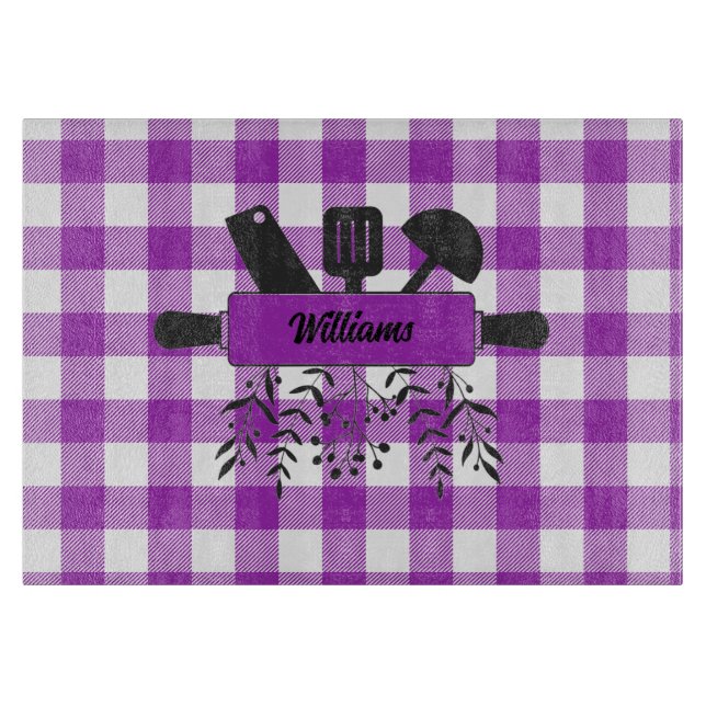 Purple Gingham Gourmet Glass Cutting Board (Front)