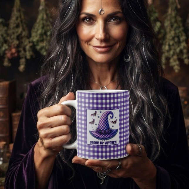 Purple Gingham Halloween Witch Hat & Bats Coffee Mug (Creator Uploaded)