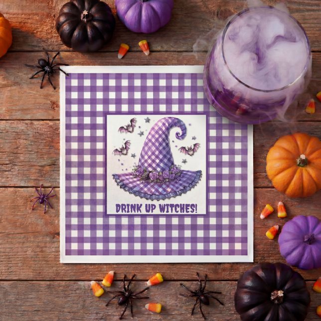 Purple Gingham Halloween Witch Hat & Bats Napkin (Creator Uploaded)